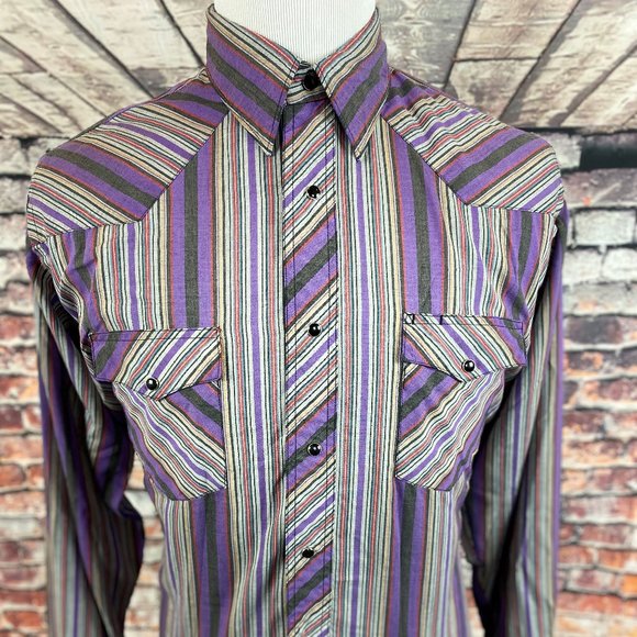 Rustler Wrangler Purple Striped Pearl Snap Shirt L - Picture 1 of 4